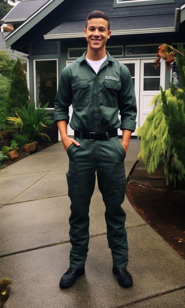 a pest control technician in front of seattle home