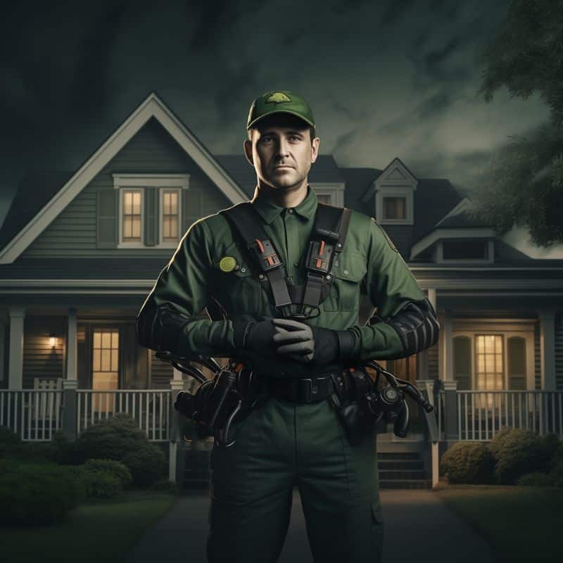 a pest control technician in front of a house in seattle